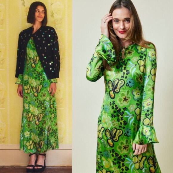 Lingua Franca Dresses & Skirts - NEW Lingua Franca Floral Silk Long Sleeves Anja Maxi Dress Green Size: XS